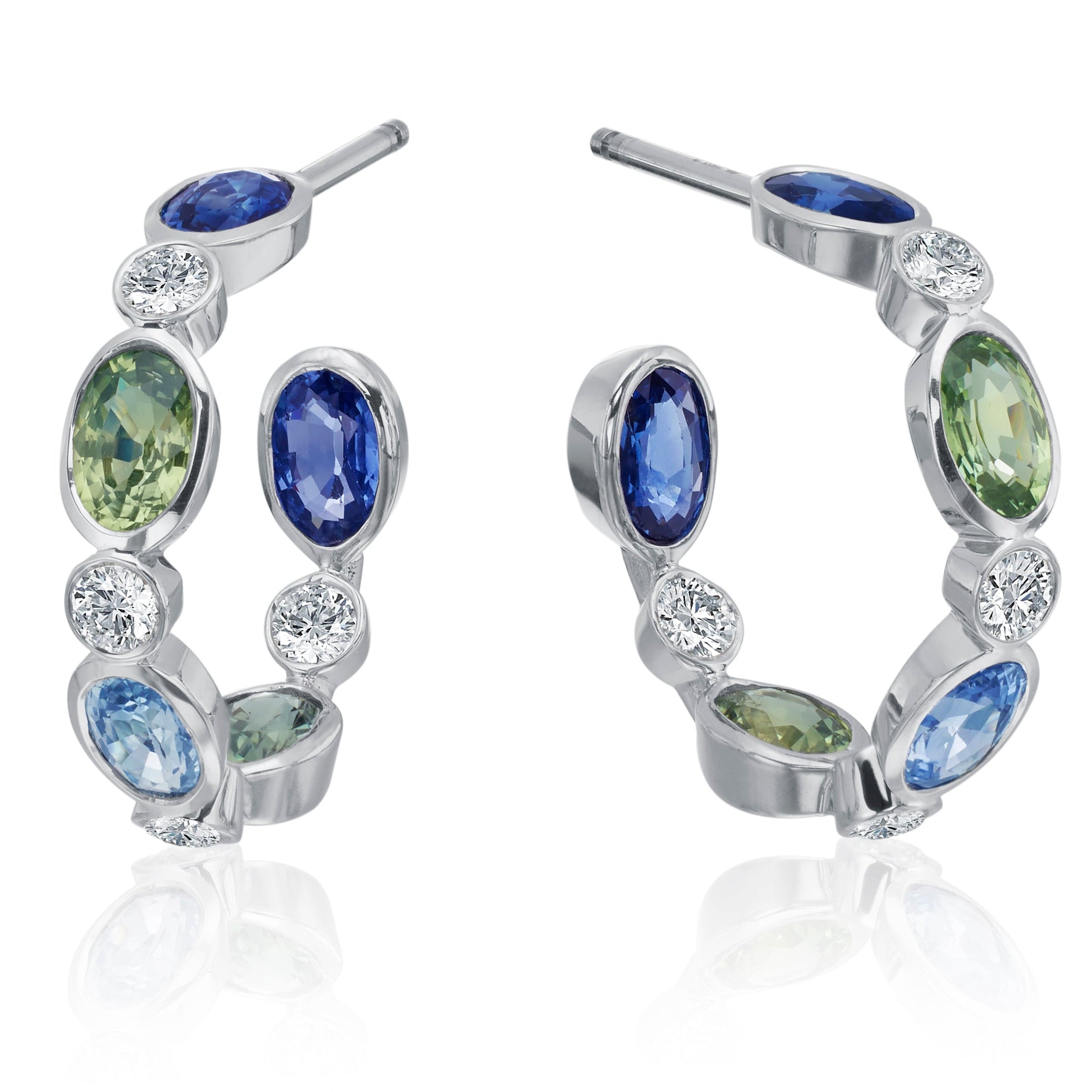 Green & Blue Sapphire Diamond Hoops