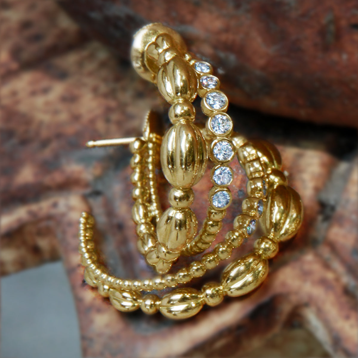 Gold & Diamond Double Hoop Nutmeg Earrings