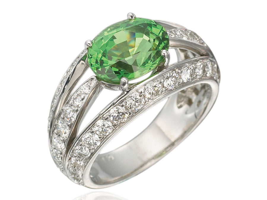 Green Tsavorite and Diamond Luna Ring