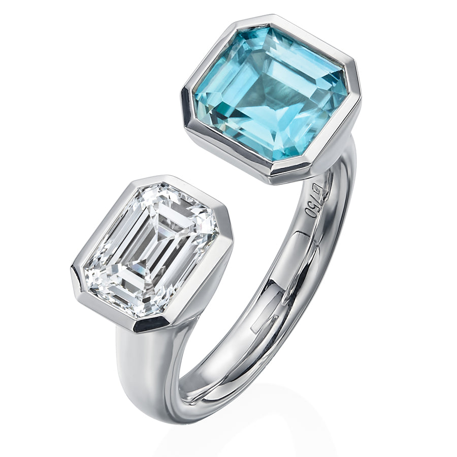Blue Zircon and Diamond Toi et Moi Spectrum Ring