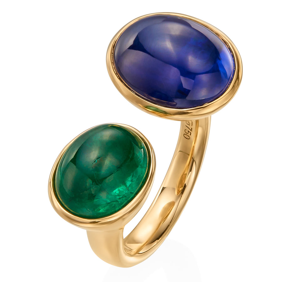 Blue Sapphire and Emerald Cabochon Toi et Moi Spectrum Ring